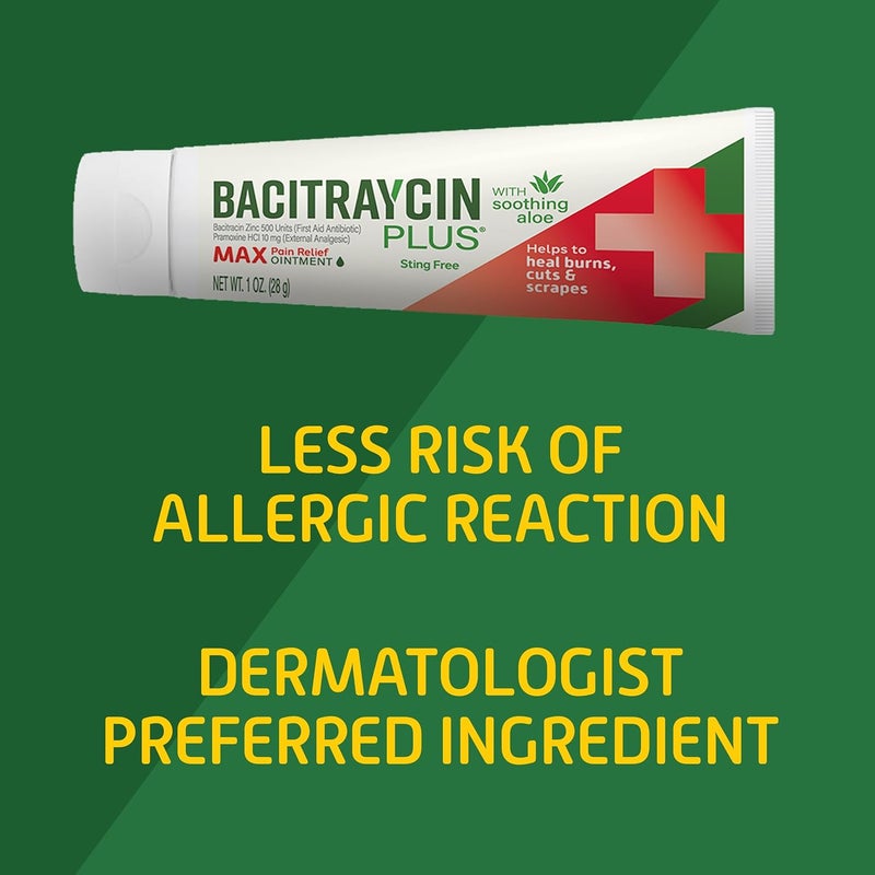 Bacitraycin Plus Max Strength First Aid Antibiotic Wound Healing + Pain and Itch Relief Ointment for Minor Cuts, Scrapes and Burns, with Bacitracin Zinc and Moisturizing Aloe Vera, 1 oz, 2 Pack - Image 3